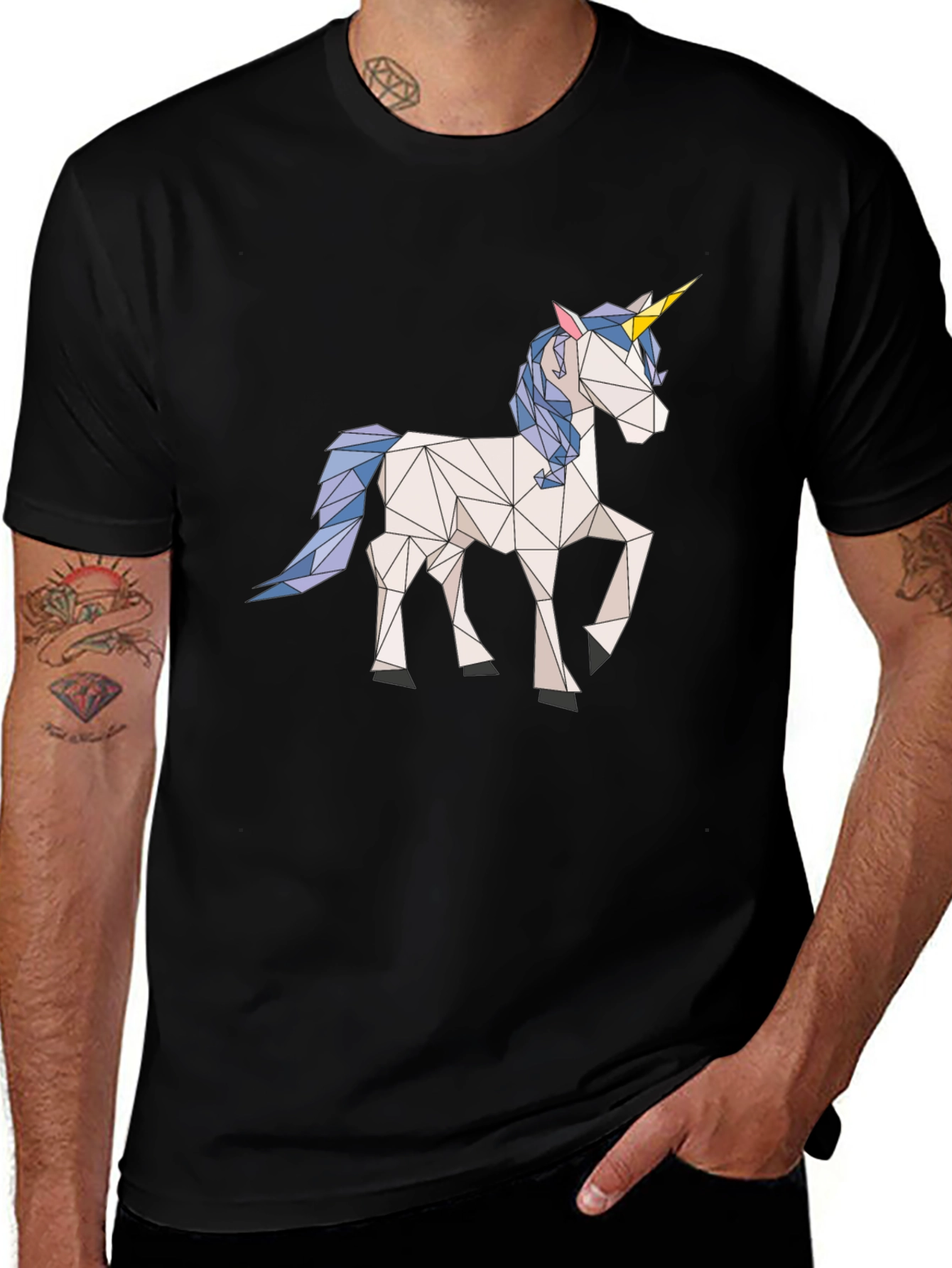 Geometric Unicorn Graphic Tee - Black Cotton T-Shirt