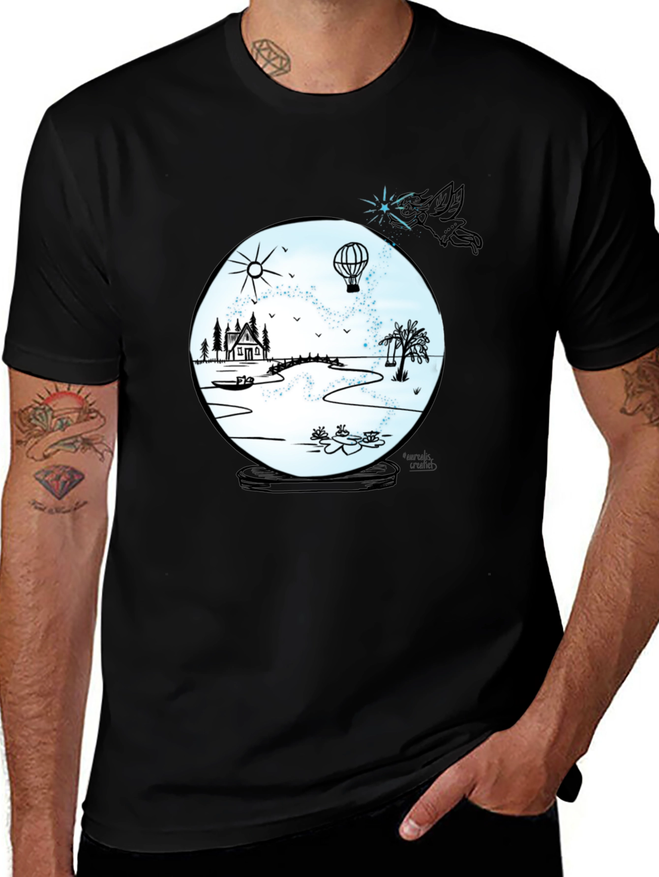 Variant 9 of Snow Globe Landscape Graphic Tee - Black Cotton Shirt