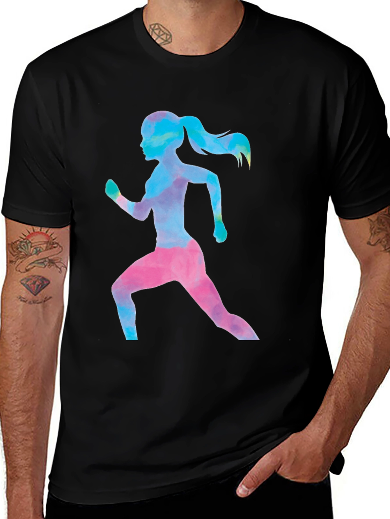 Variant 19 of Women Running Watercolor Print Black T-Shirt