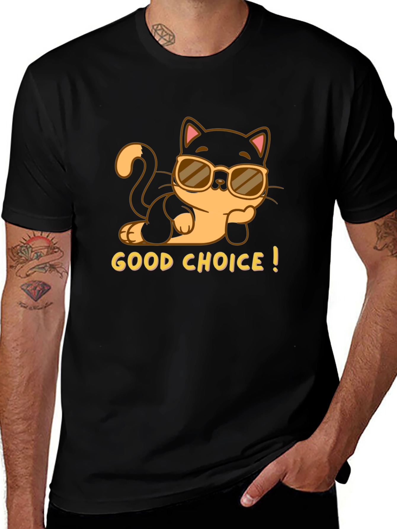 Variant 4 of Cool Cat Tee: "Good Choice!" Black T-Shirt