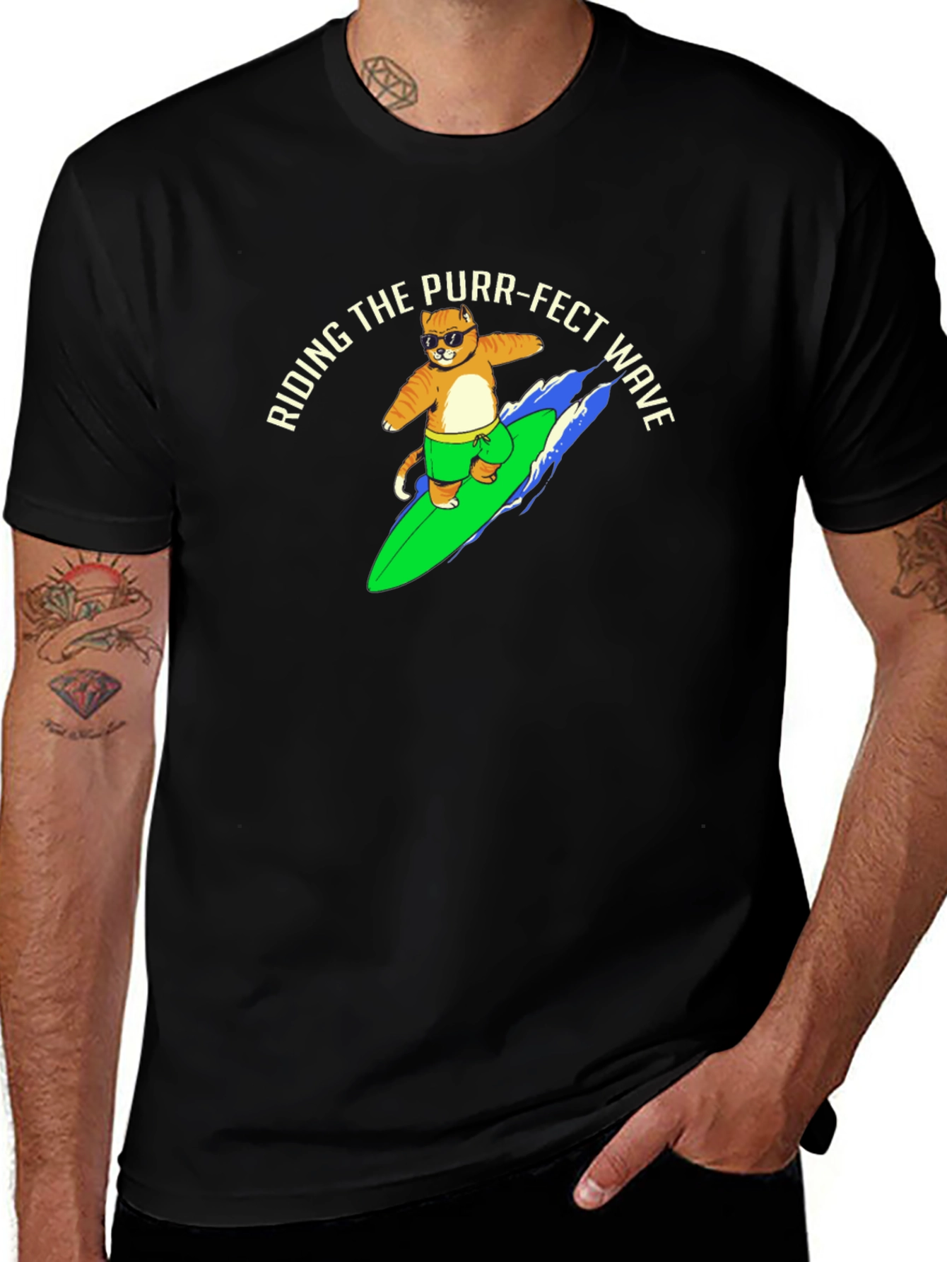 Variant 10 of Surfing Cat Graphic Tee - Riding the Purr-fect Wave