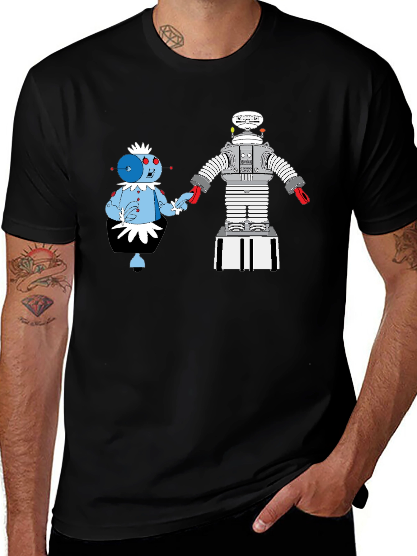 Variant 3 of Robot Romance Graphic Tee - Black Cotton T-Shirt