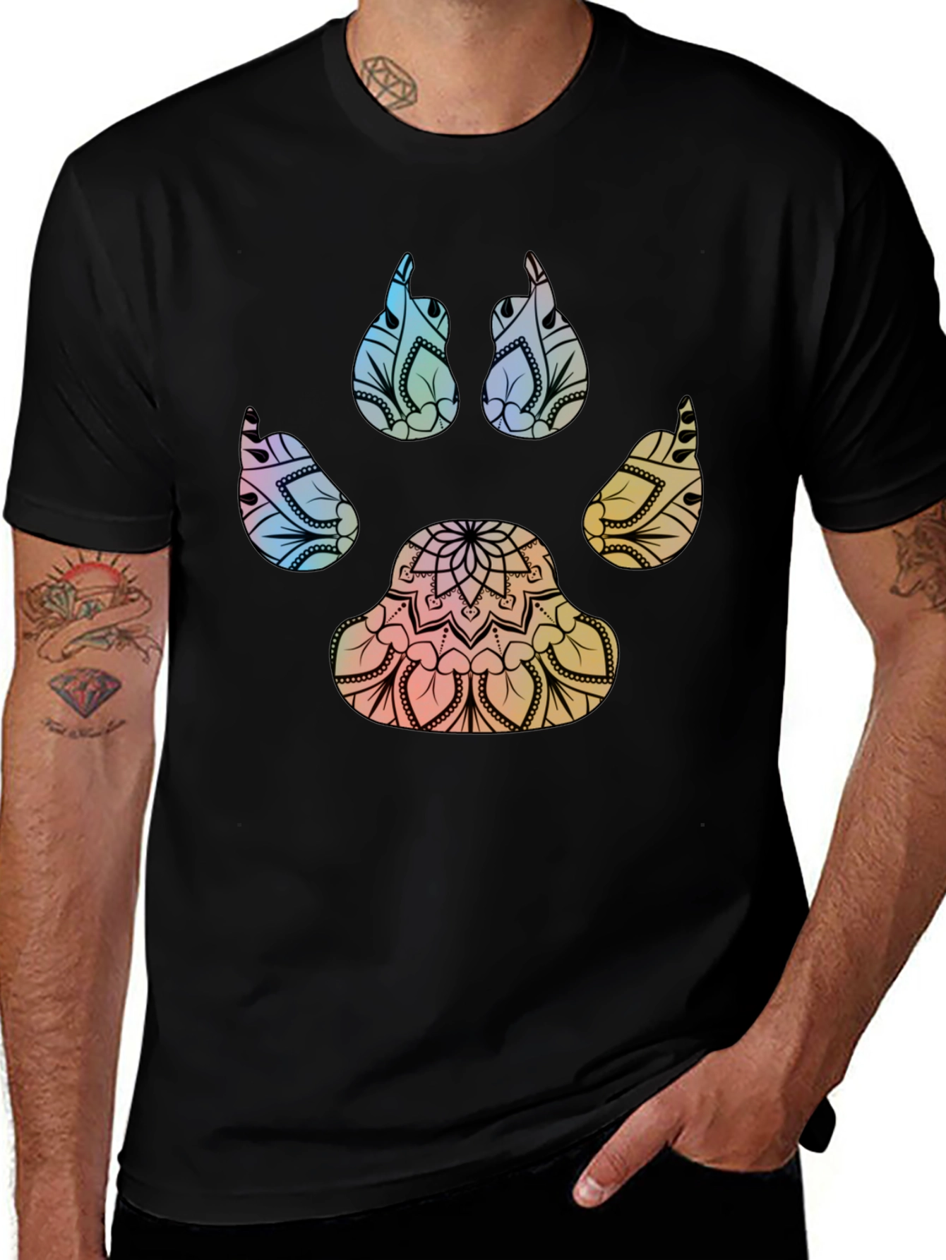 Mandala Paw Print T-Shirt - Black