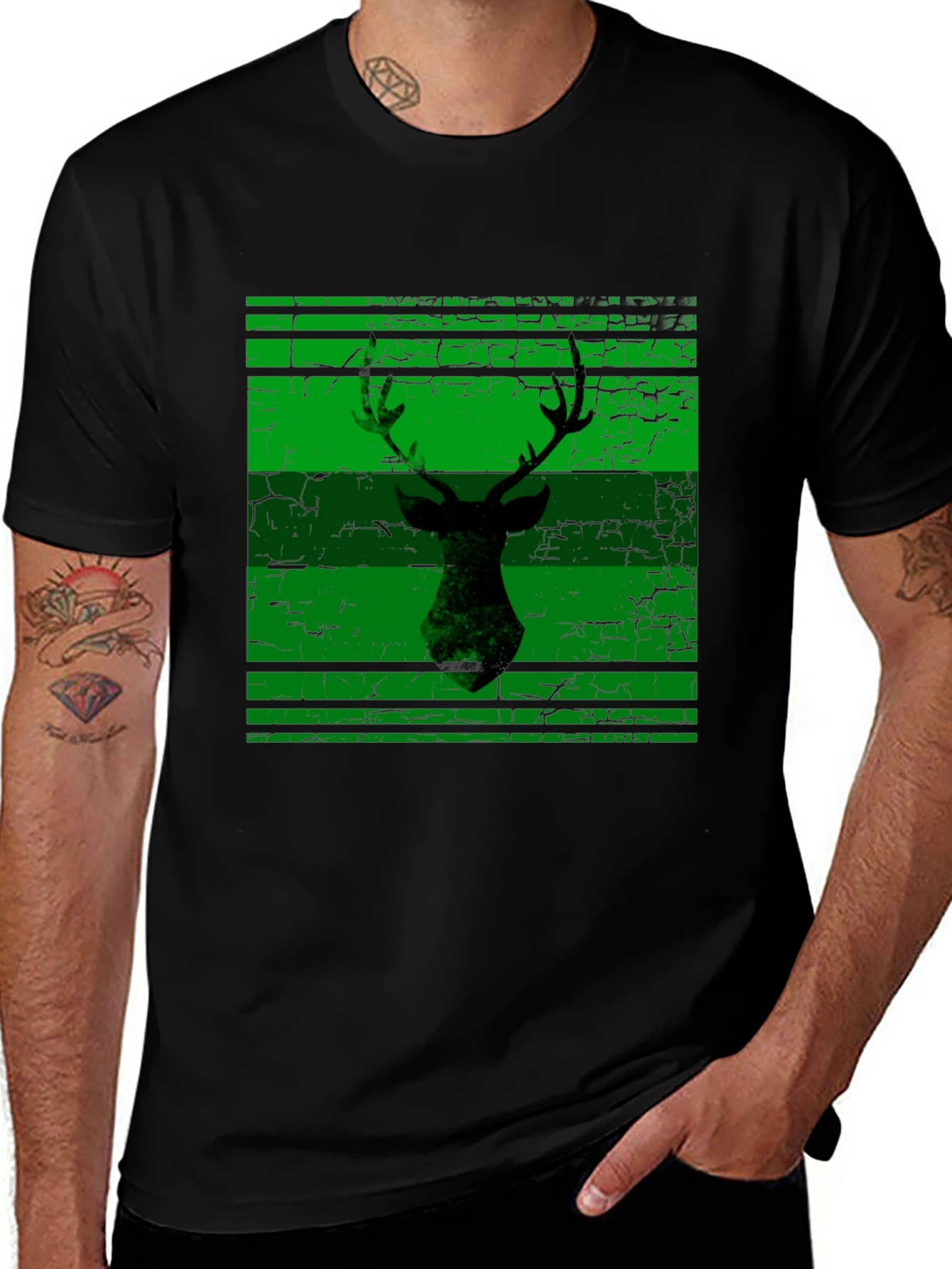 Variant 7 of Deer Silhouette Striped Graphic Tee - Black