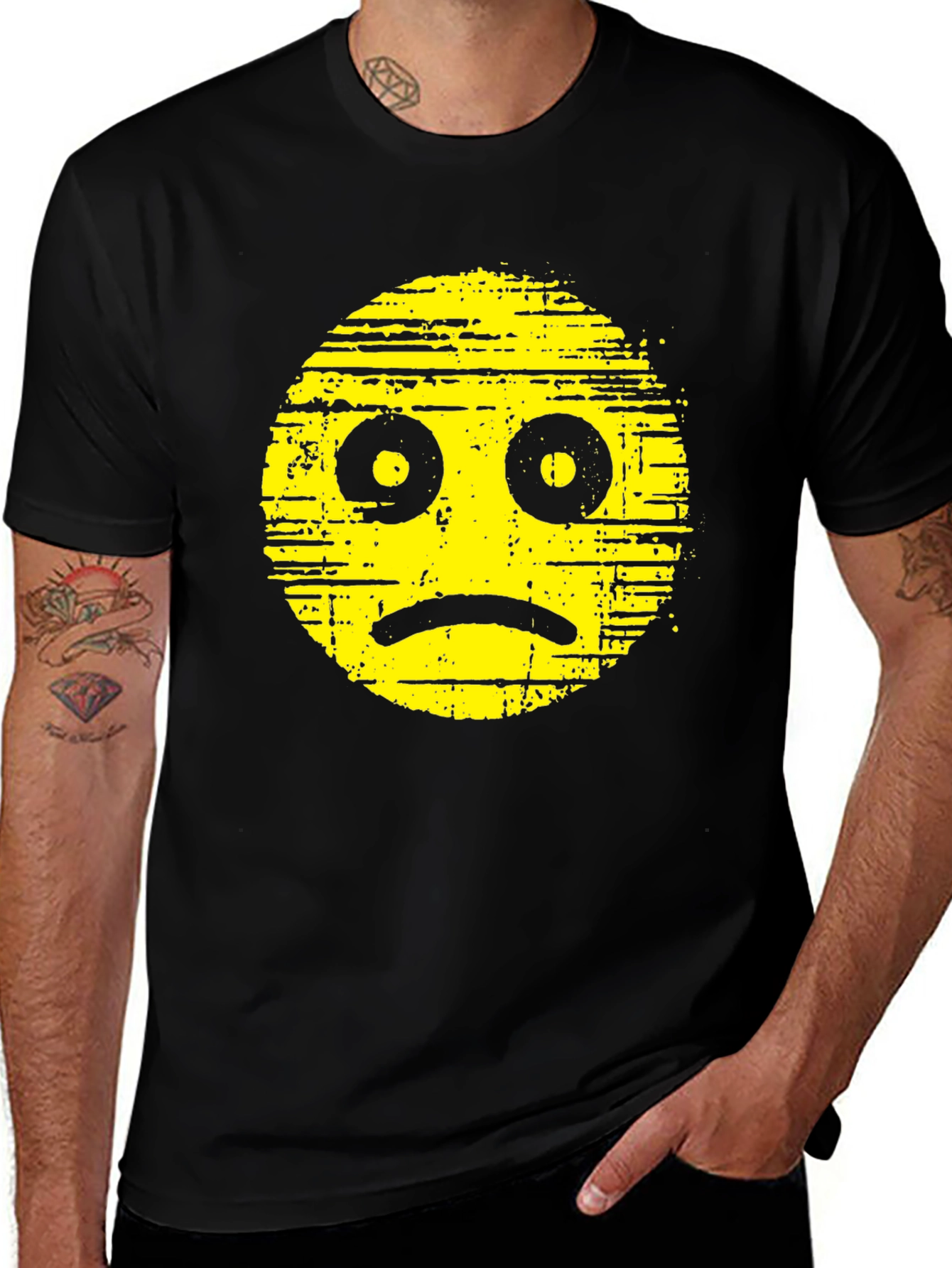 Variant 6 of Distressed Sad Face Graphic Black T-Shirt