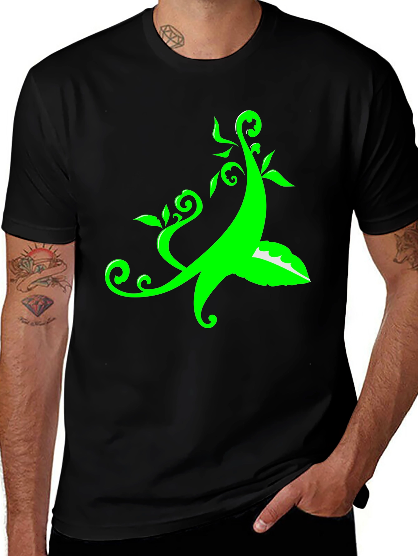 Unique Green Plant Graphic Print Black T-Shirt