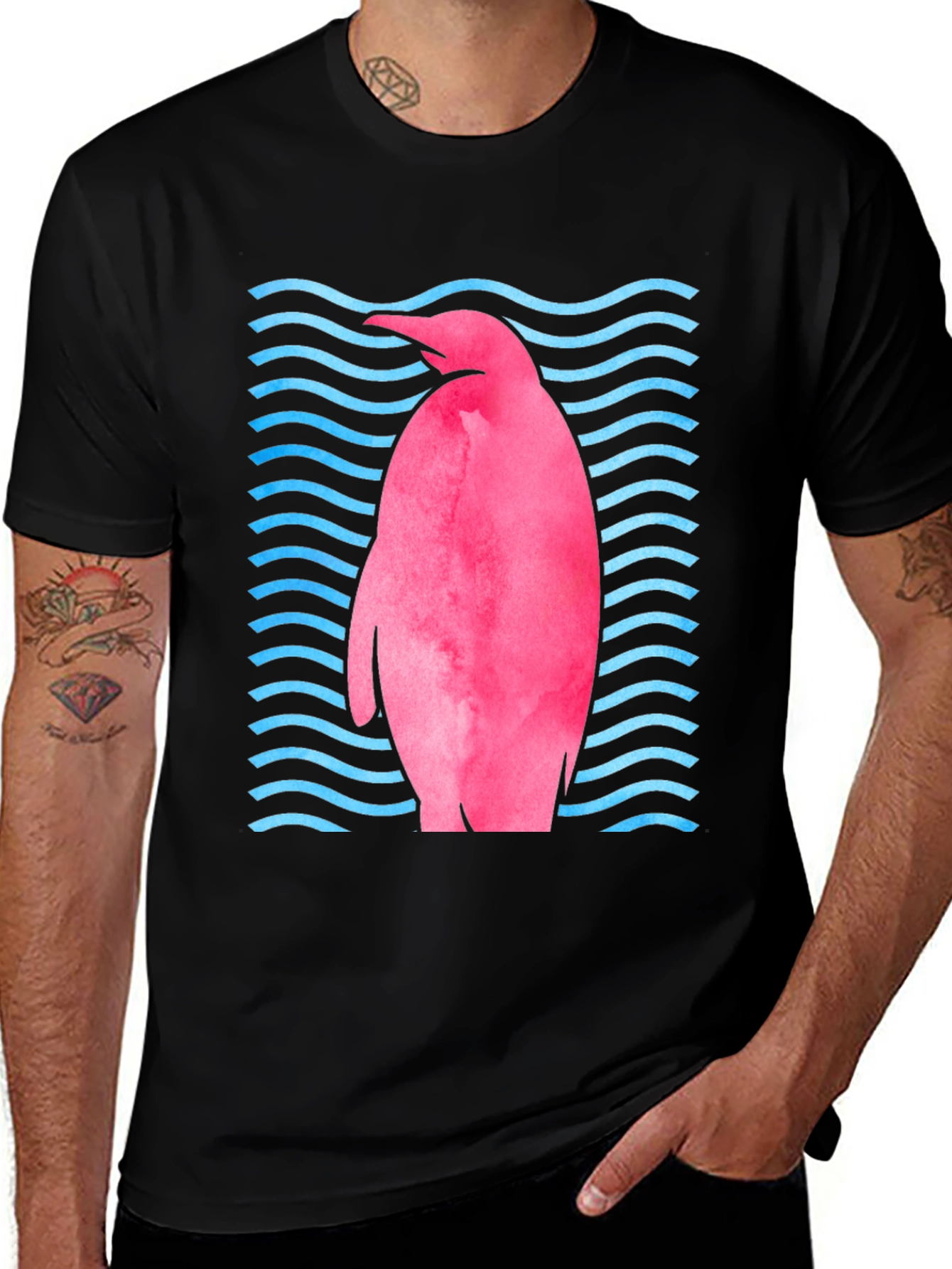 Black Pink Penguin Wave T-Shirt - Unique Graphic Tee main image