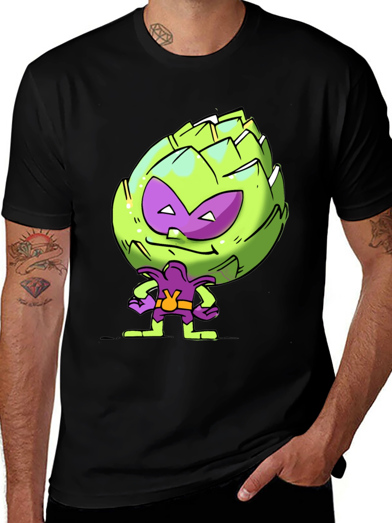Variant 25 of Artichoke Superhero Graphic T-Shirt - Black Cotton Tee