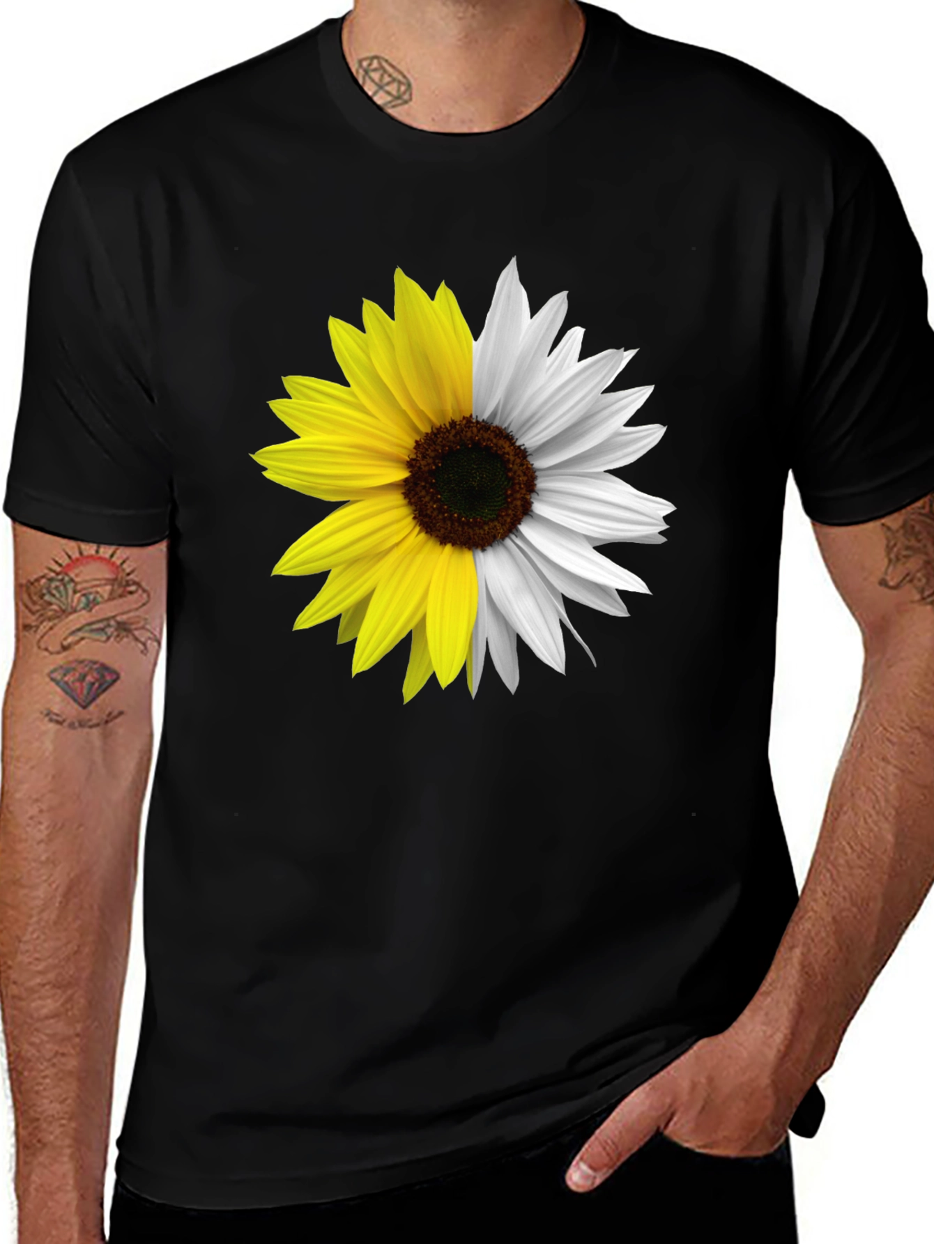 Variant 30 of Sunflower Graphic Tee - Half Yellow, Half White Flower Print