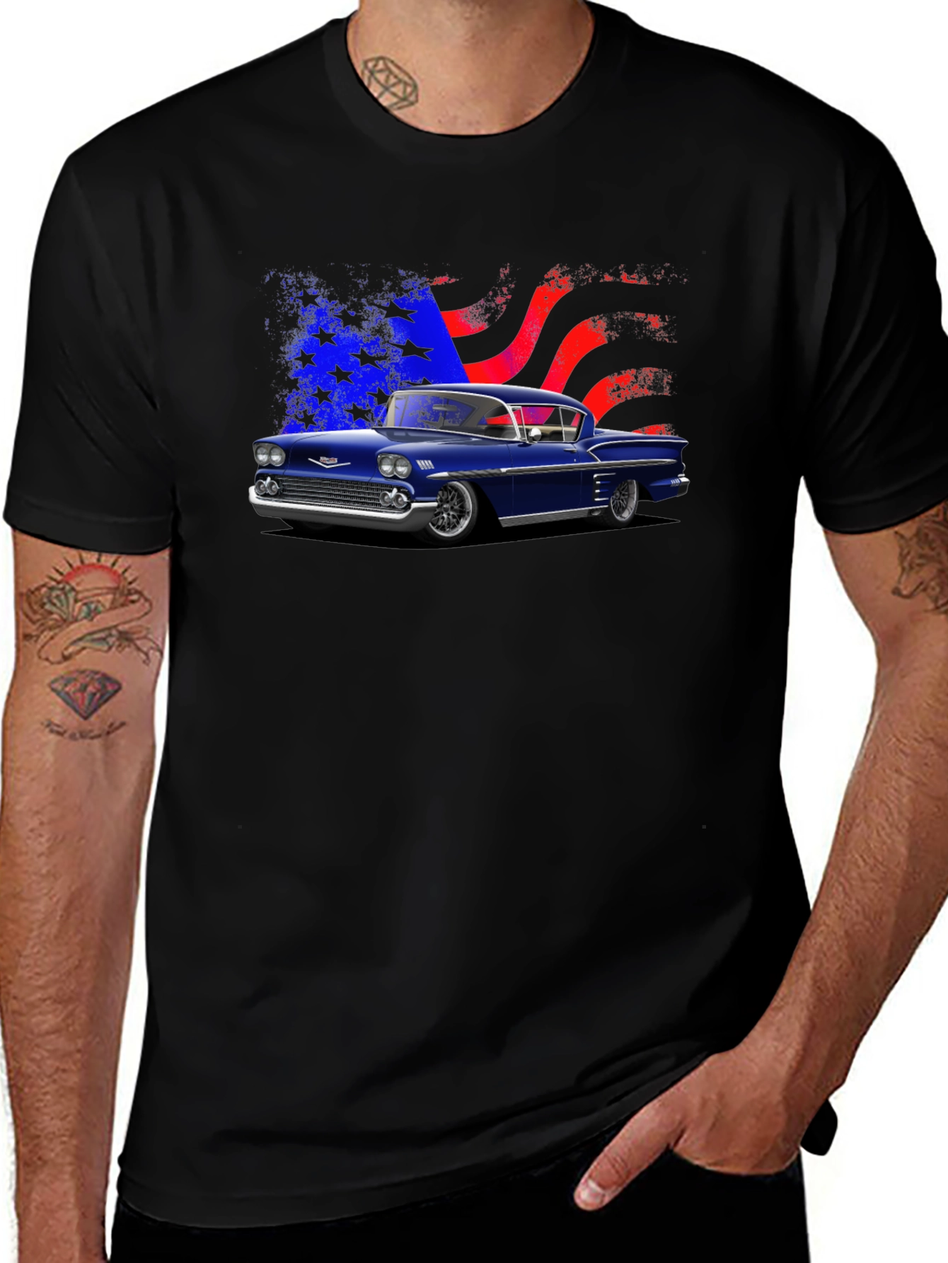 Classic Car Tee with American Flag Design