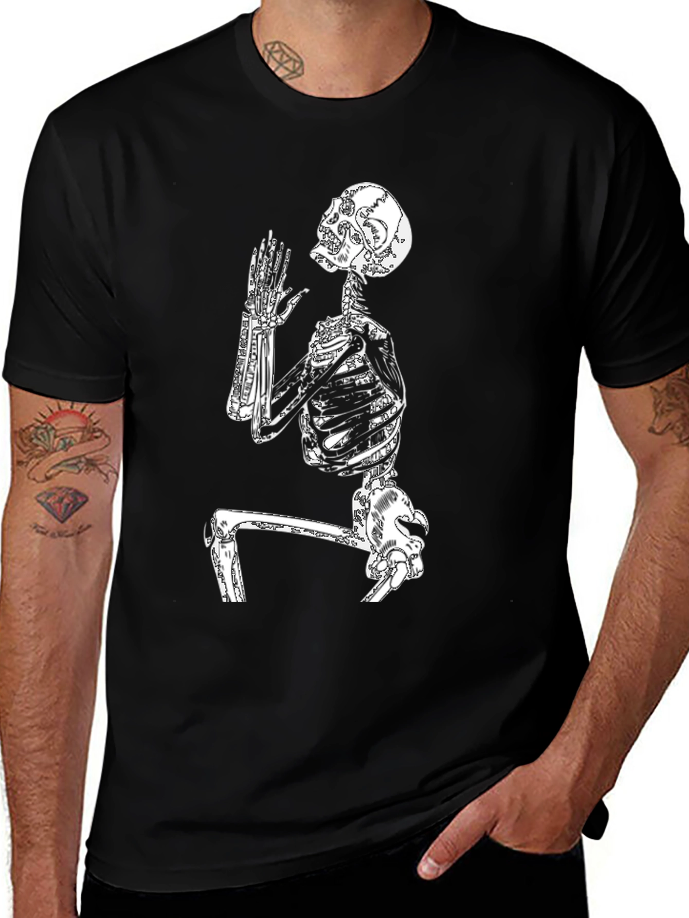 Variant 30 of Skeleton Praying Graphic Tee - Black Cotton T-Shirt