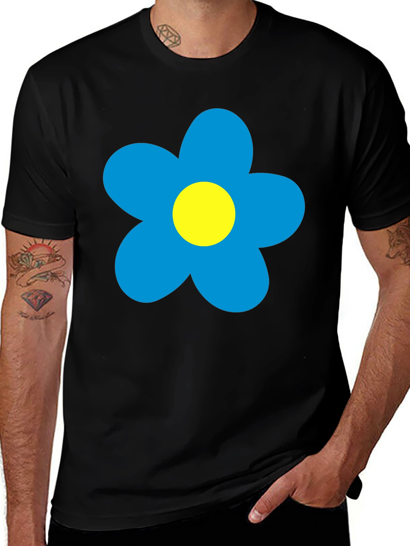 Variant 12 of Bold Blue Flower Graphic Black T-Shirt