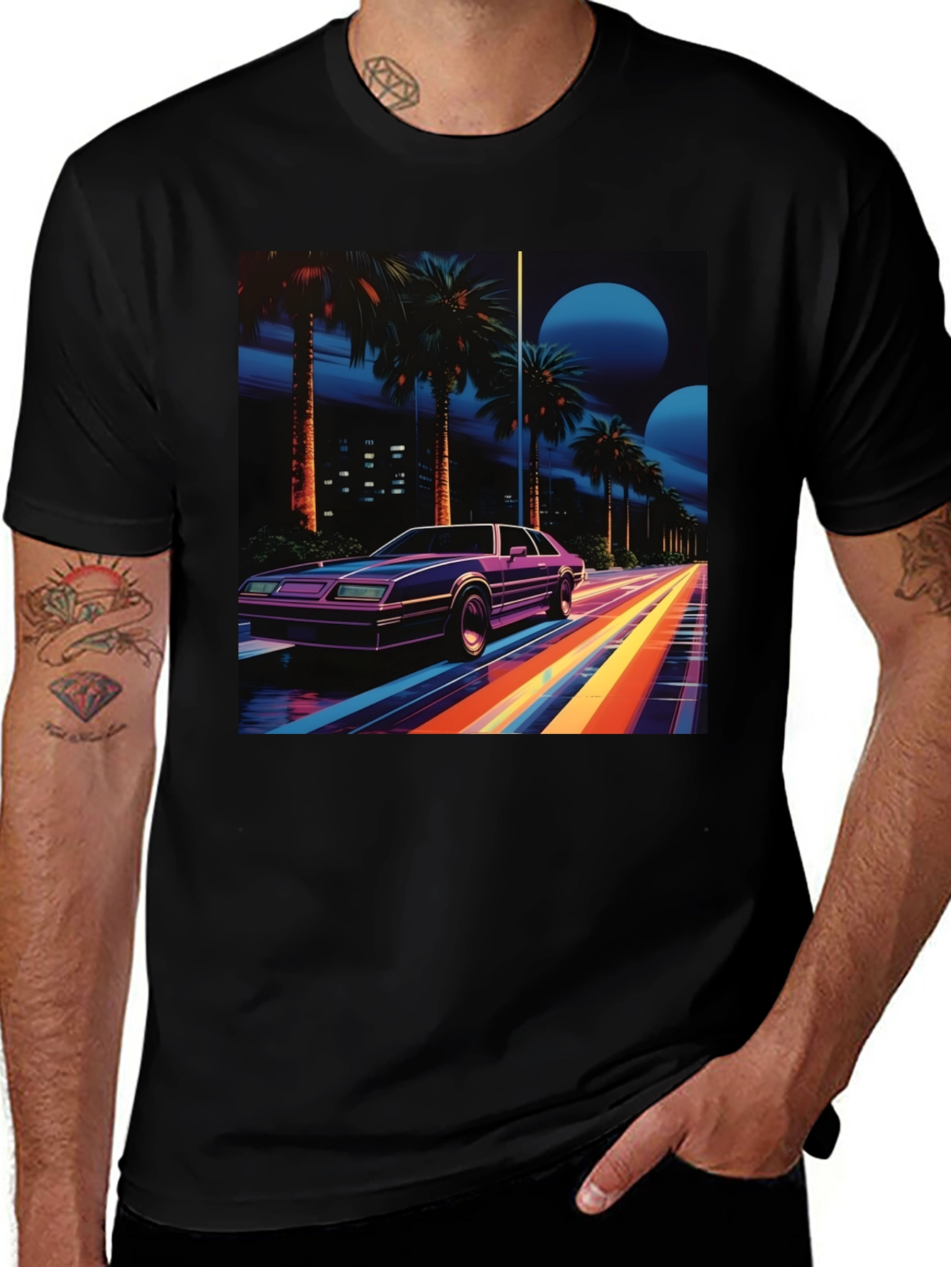 Variant 19 of Retro Wave Tee: 80s Car & Palm Design