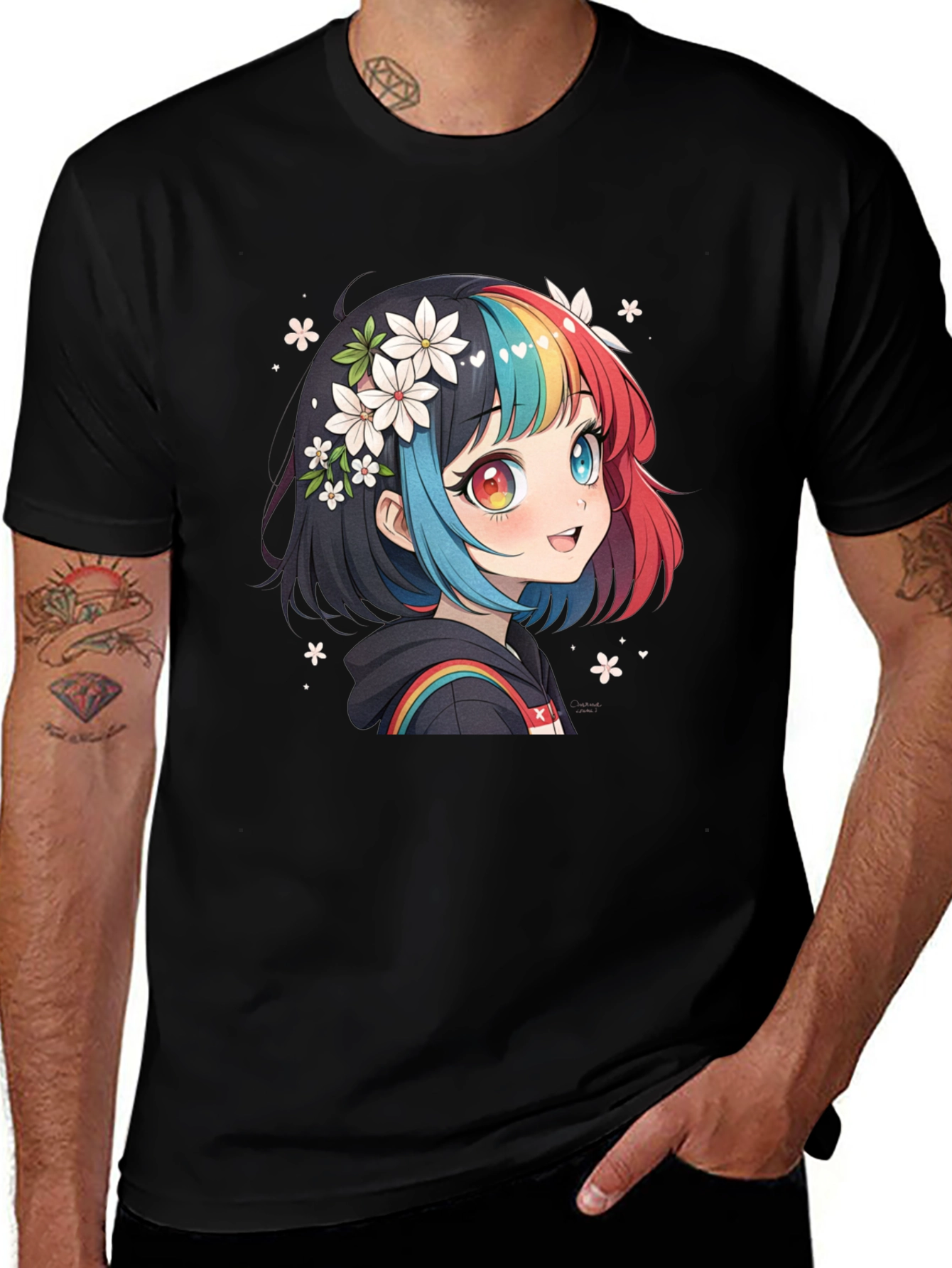 Variant 14 of Anime Girl Rainbow Hair Black T-Shirt