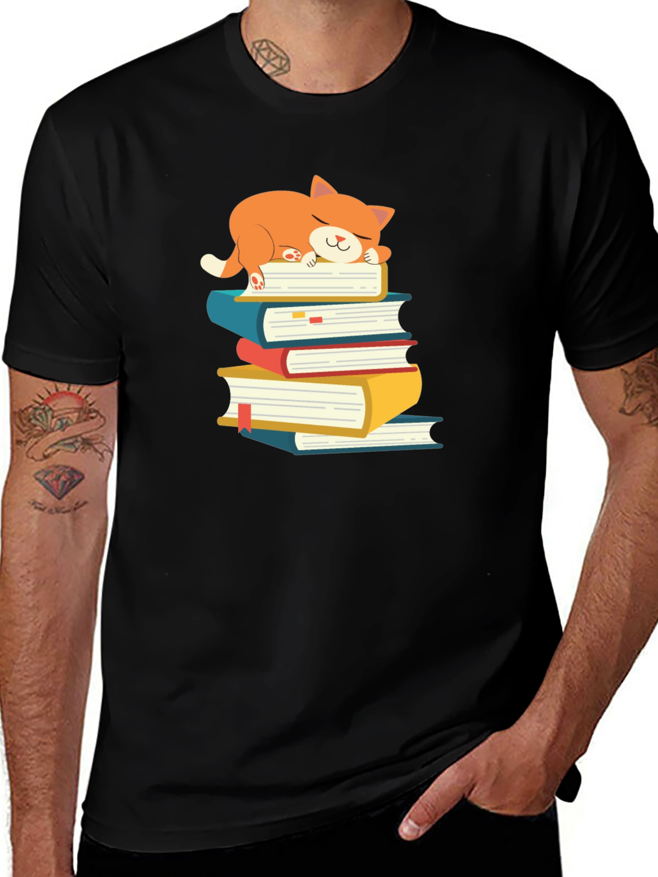 Variant 21 of Cat Napping on Books T-Shirt - Cozy & Cute!