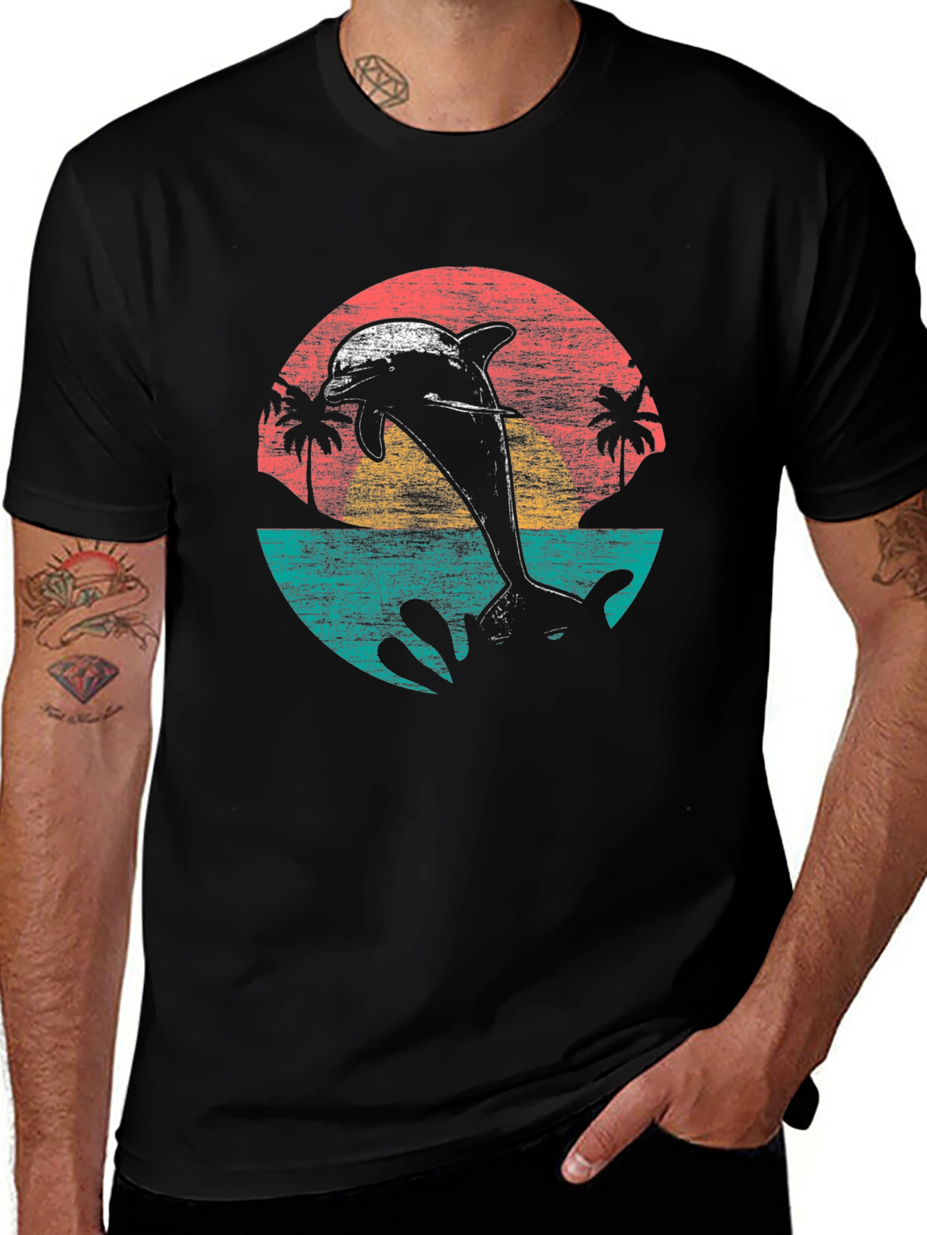 Variant 21 of Retro Dolphin Sunset T-Shirt - Coastal Style