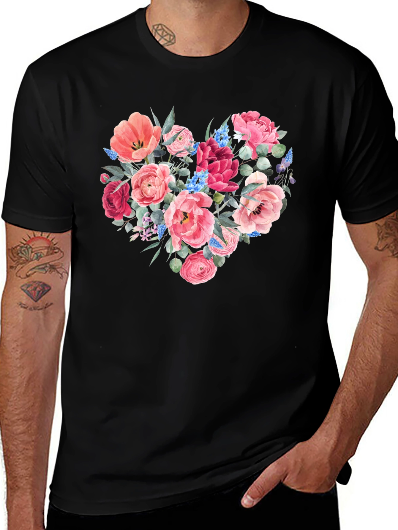 Variant 7 of Floral Heart Graphic Tee - Black Cotton T-Shirt