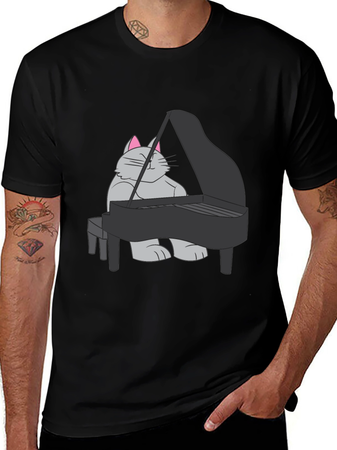 Variant 19 of Cat Playing Piano Graphic Tee - Black Cotton T-Shirt
