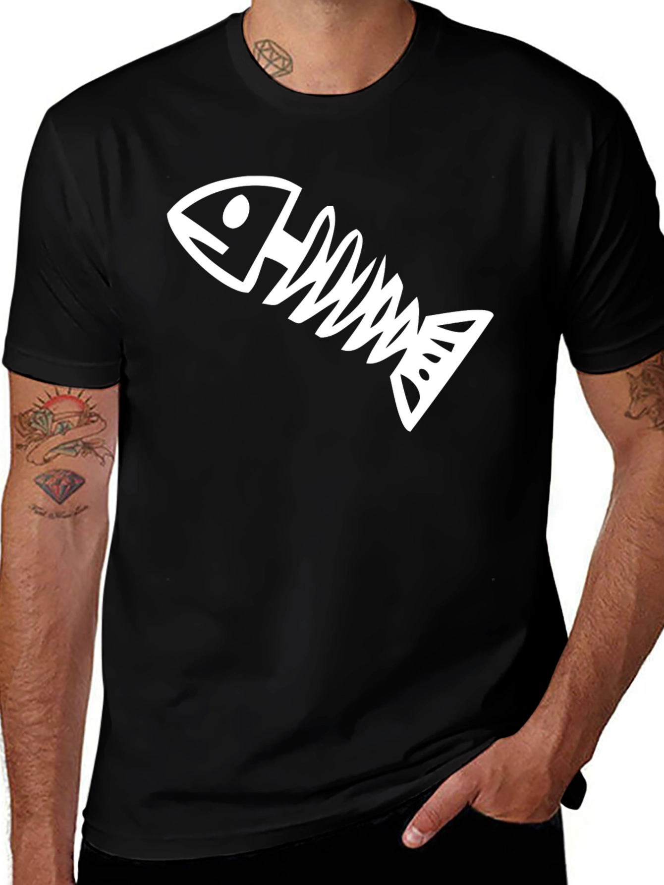 Variant 6 of Fish Skeleton Graphic Tee - Black Cotton T-Shirt