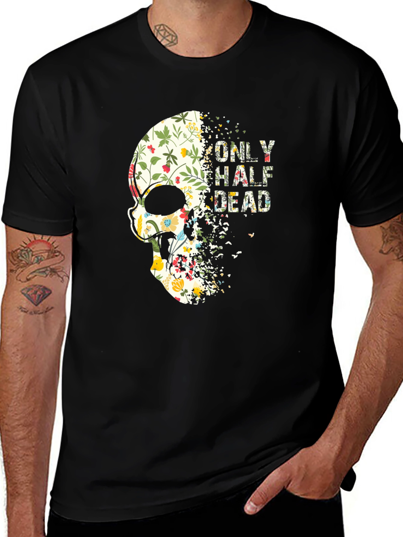 Variant 20 of Floral Skull Graphic Tee - Half Dead Design