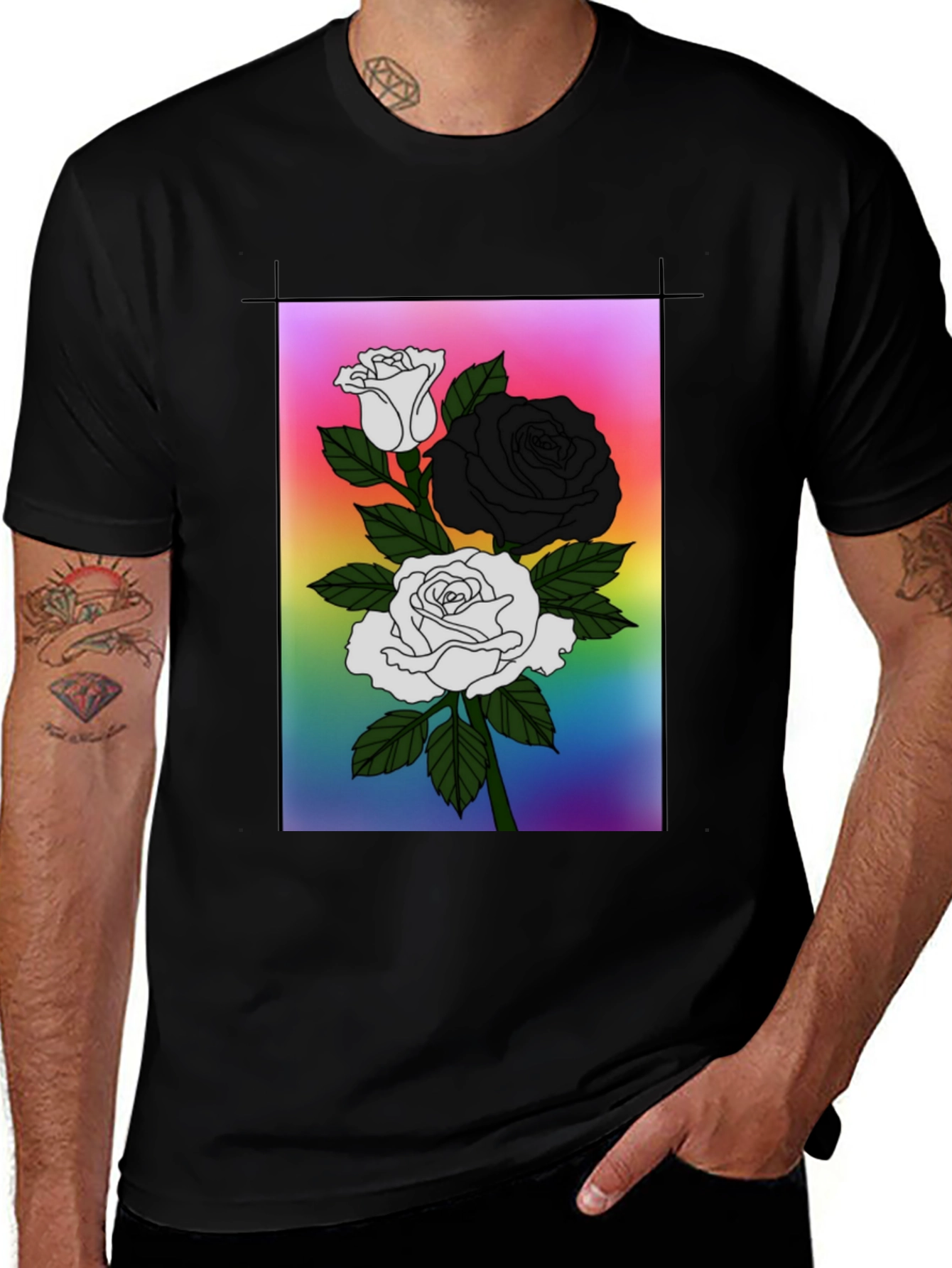 Variant 2 of Roses Rainbow T-Shirt - Black Cotton Tee