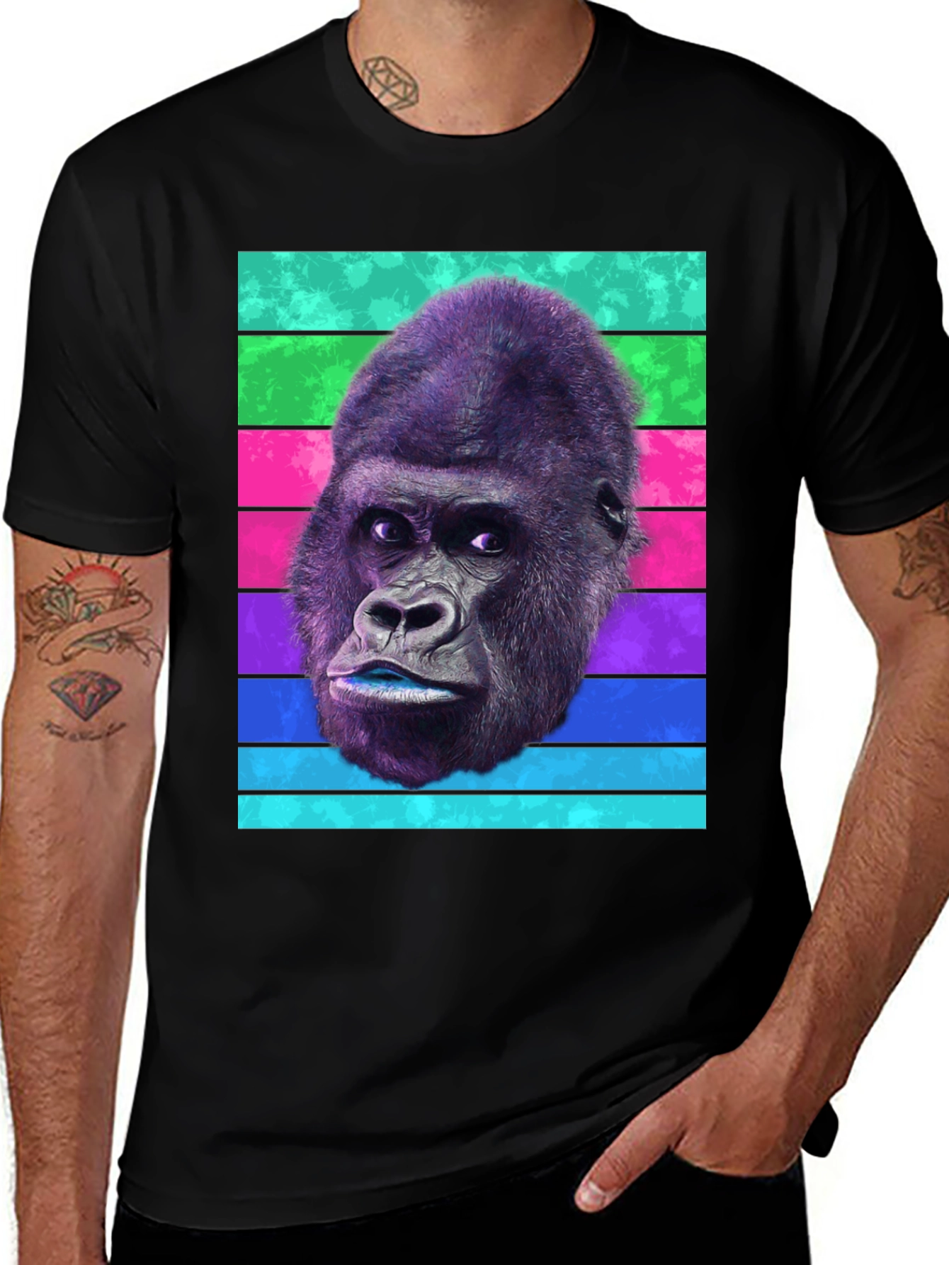 Variant 24 of Gorilla Head T-Shirt - Retro Stripes, Unique Design