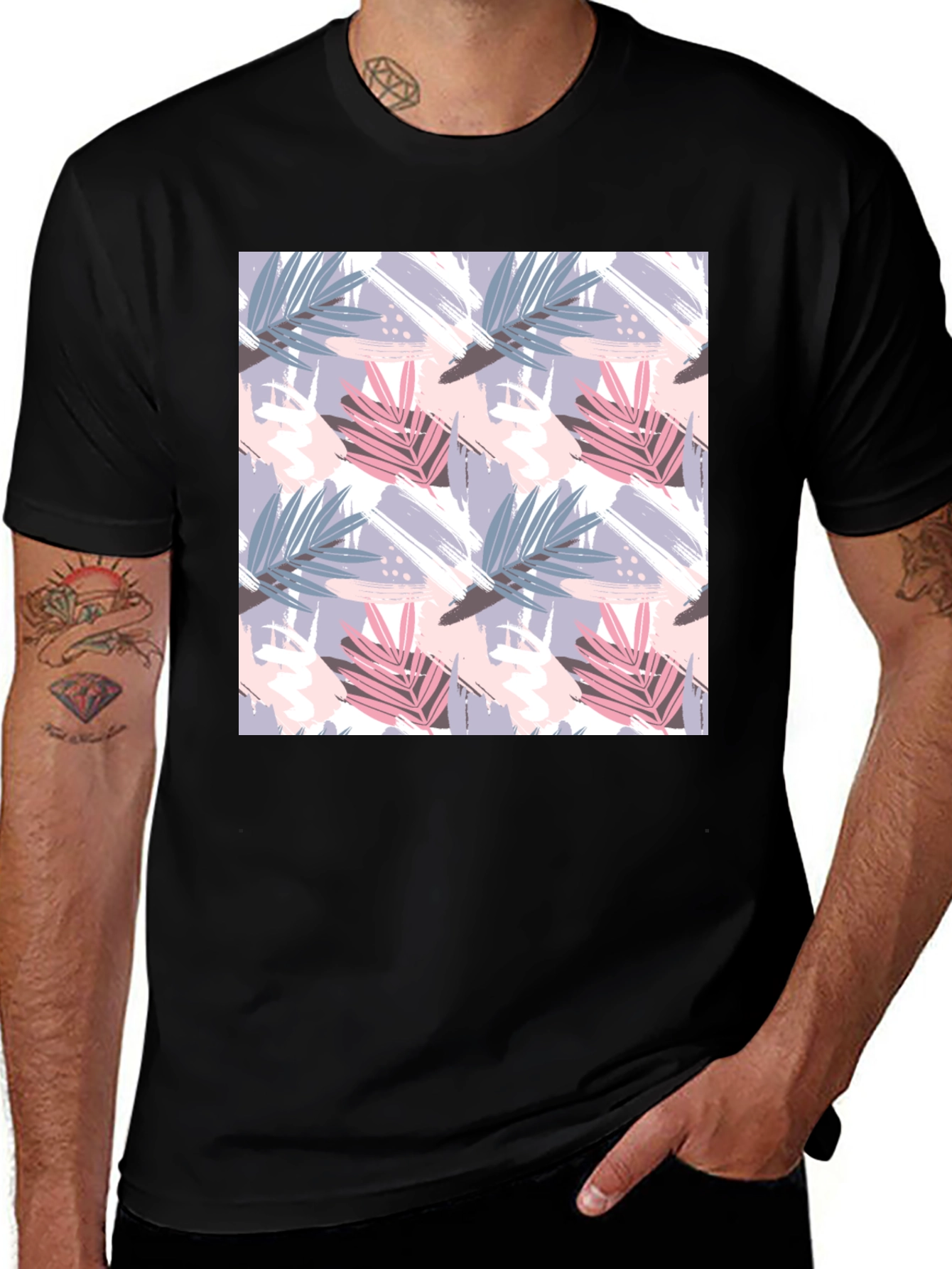 Variant 7 of Stylish Tropical Leaf Print Black T-Shirt