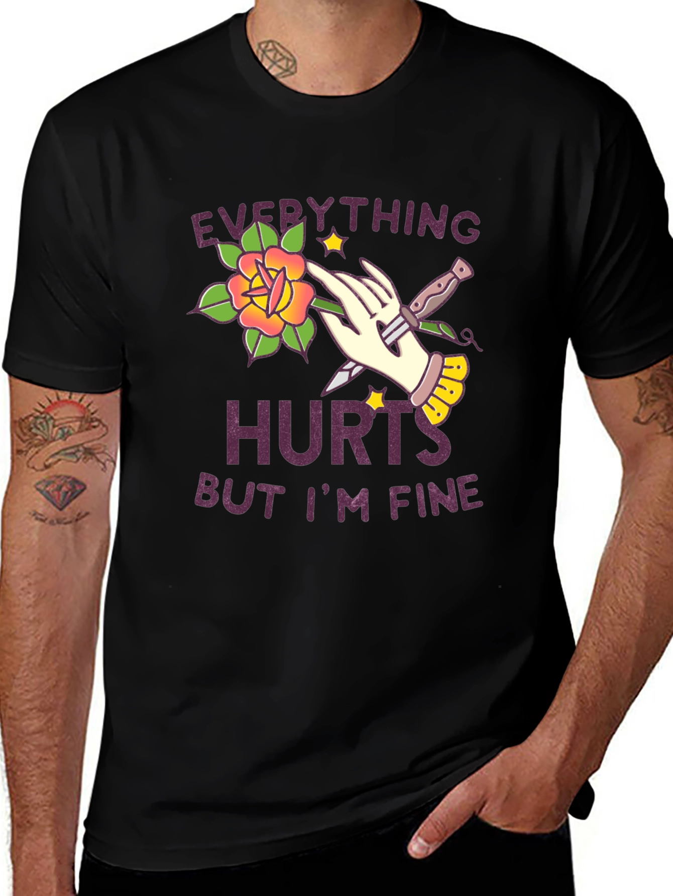 Variant 24 of Everything Hurts But I'm Fine Black Graphic T-Shirt