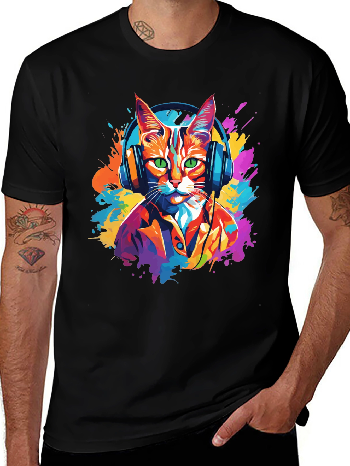 Variant 15 of Cat DJ T-Shirt - Colorful Cat Wearing Headphones
