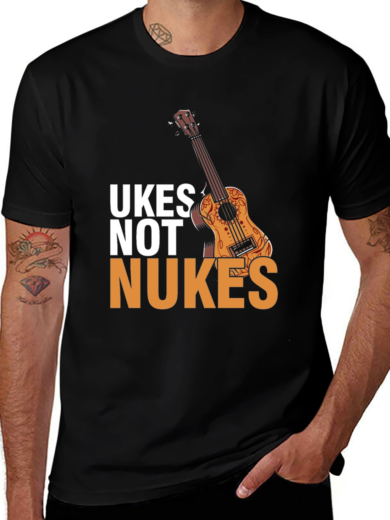 Variant 16 of Ukes Not Nukes Graphic Tee - Black Cotton Blend