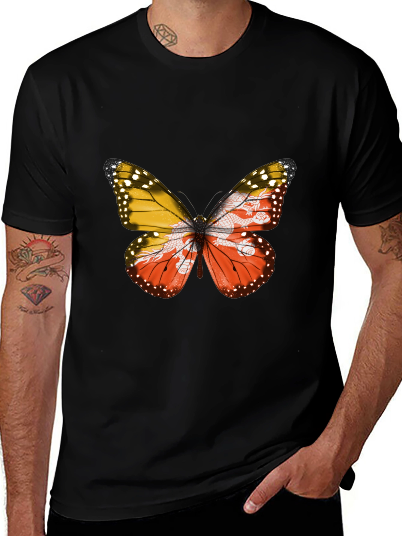 Variant 27 of Bhutan Flag Butterfly Black T-Shirt - Unique Graphic Tee