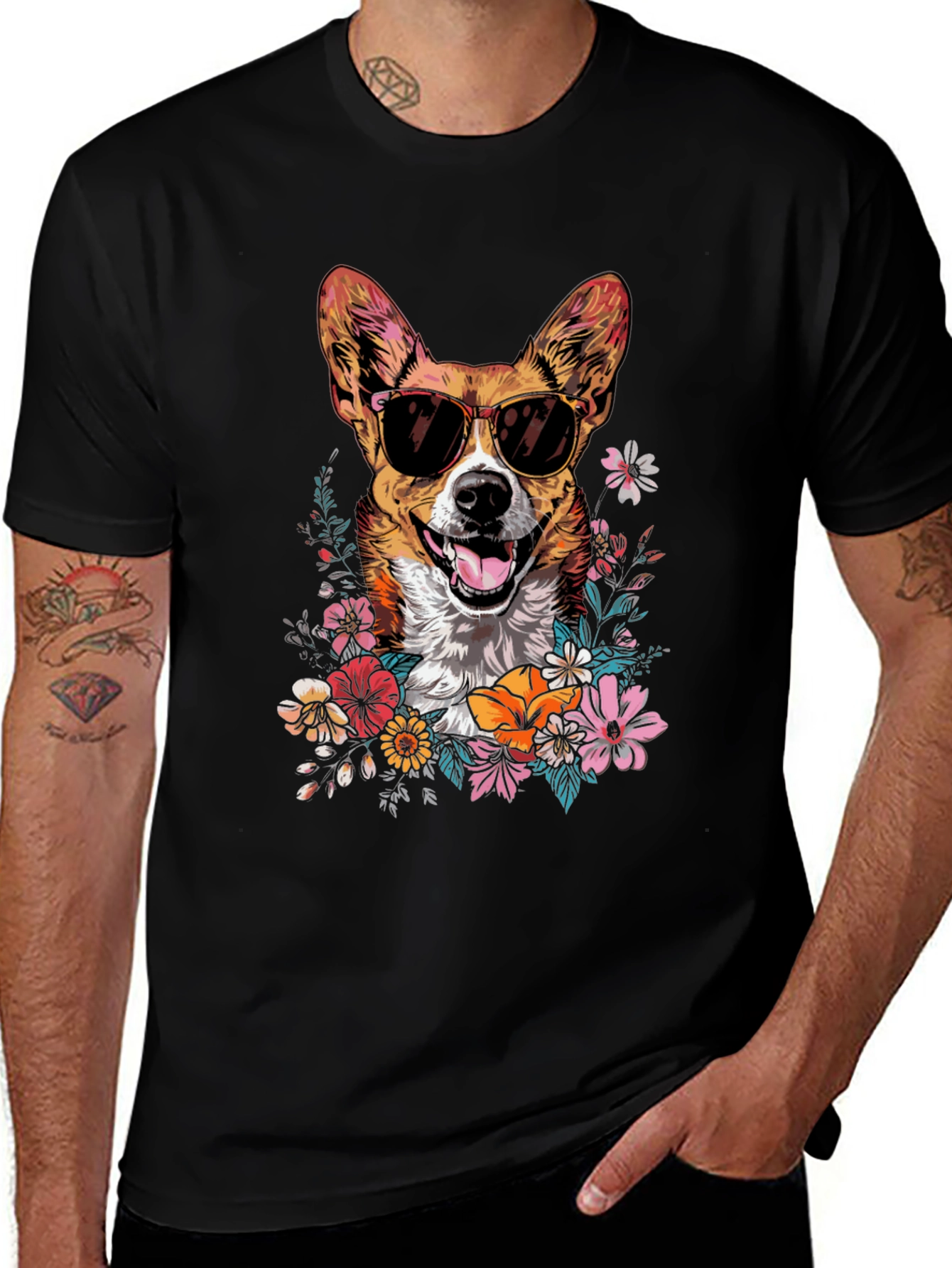 Cool Corgi Floral Graphic Tee - Black