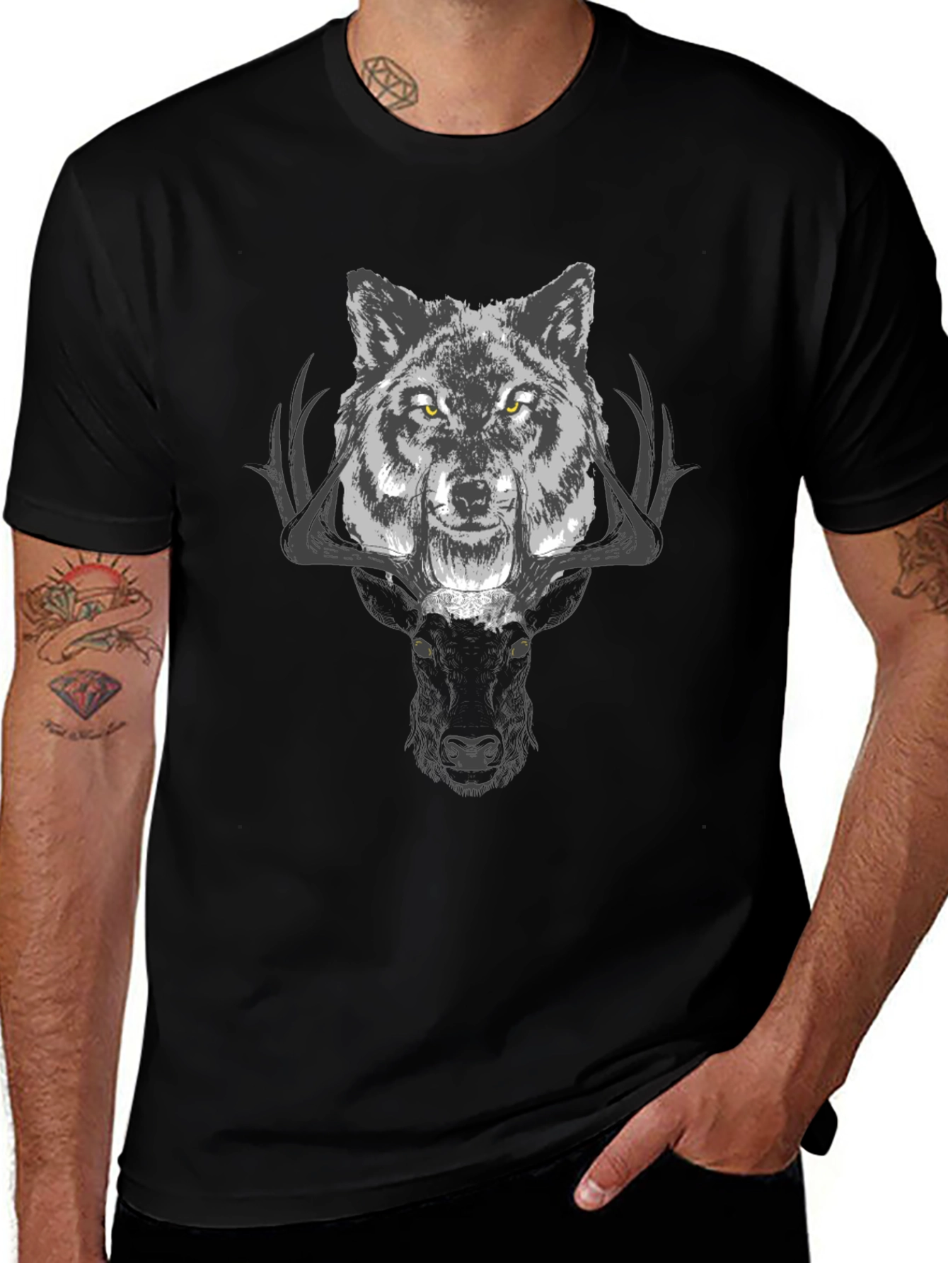 Variant 13 of Wolf & Deer Graphic Tee - Black T-Shirt
