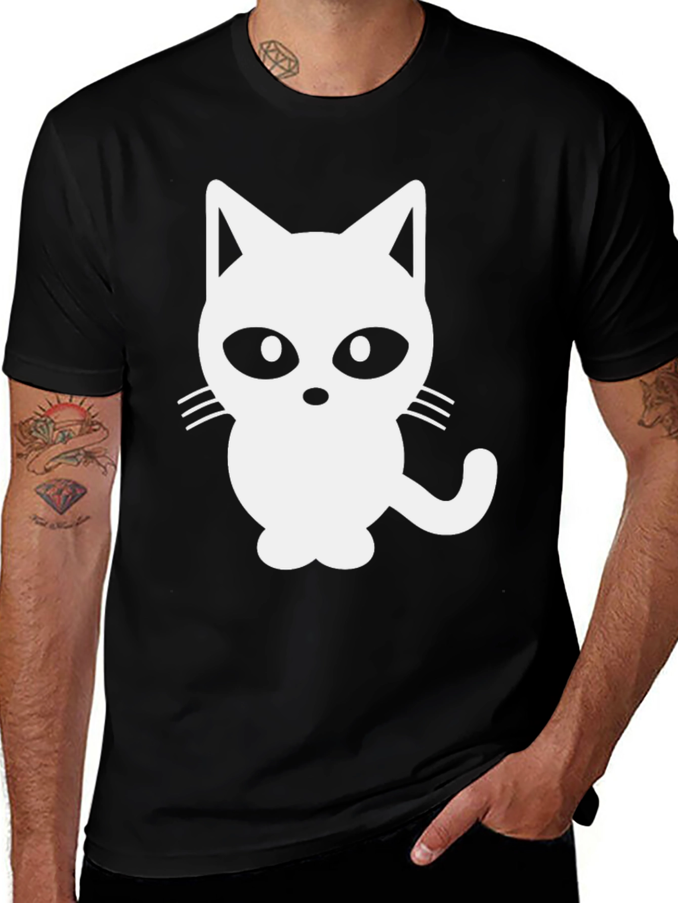 Variant 19 of Black T-Shirt with White Cat Graphic