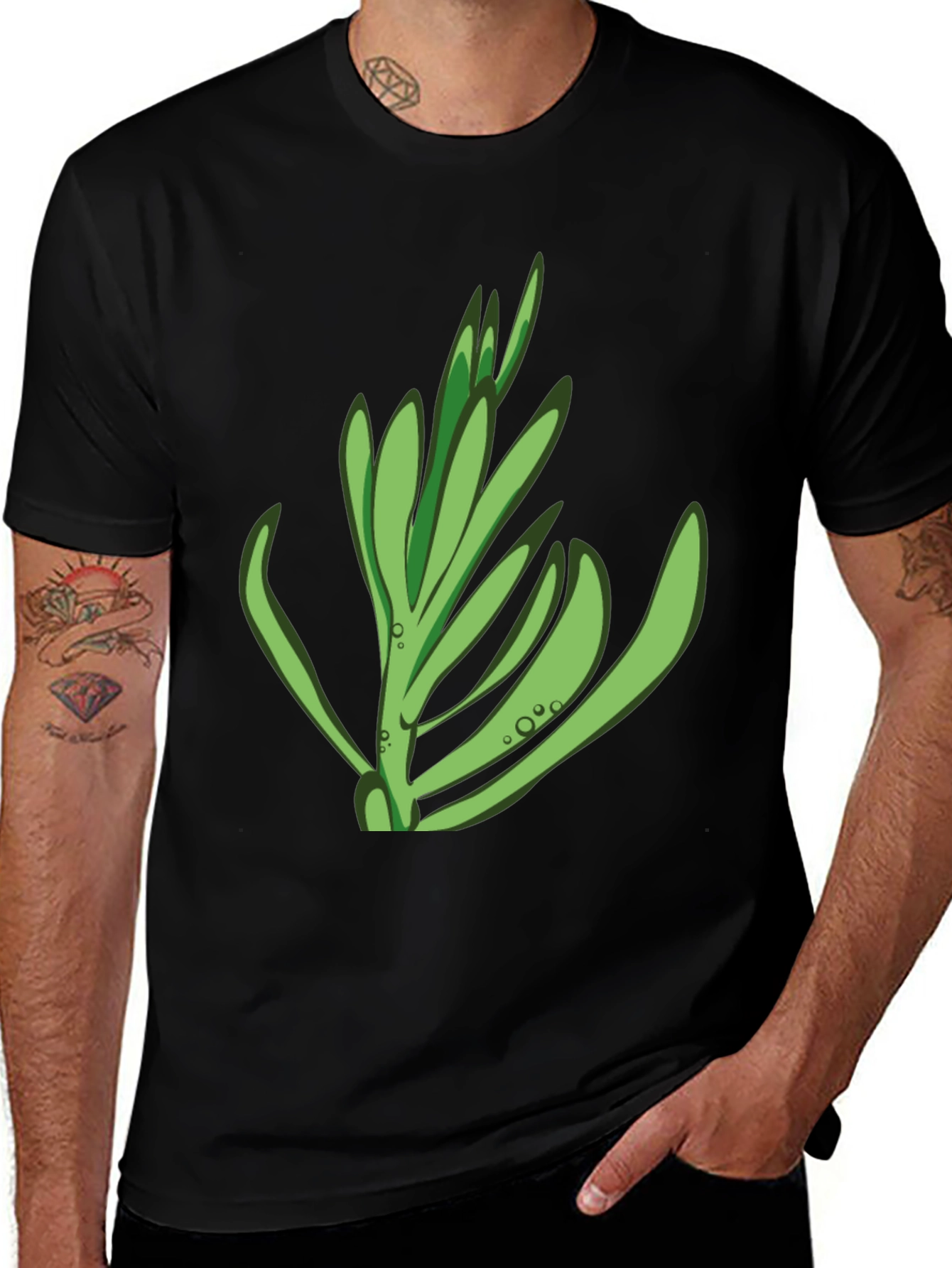 Black T-Shirt with Green Plant Graphic