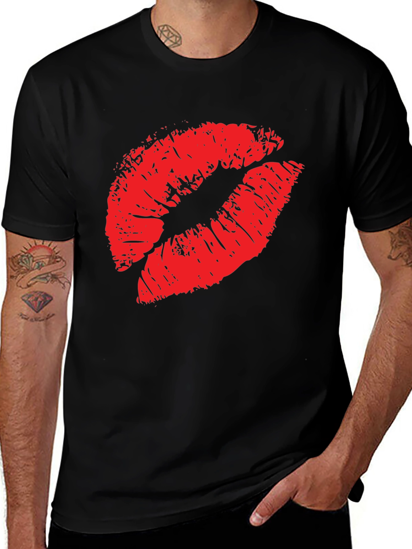 Black Red Lips Print Black T-Shirt main image