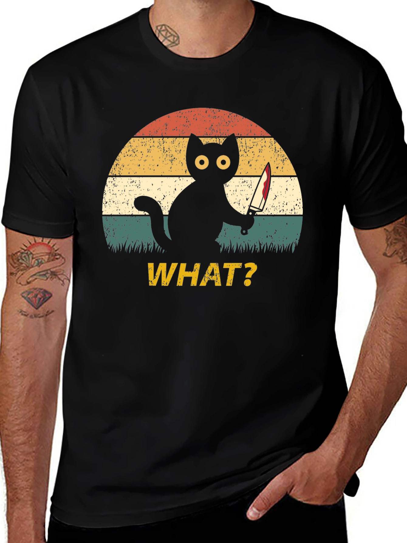Variant 24 of Vintage Cat With Knife T-Shirt - "What?" Retro Style Tee