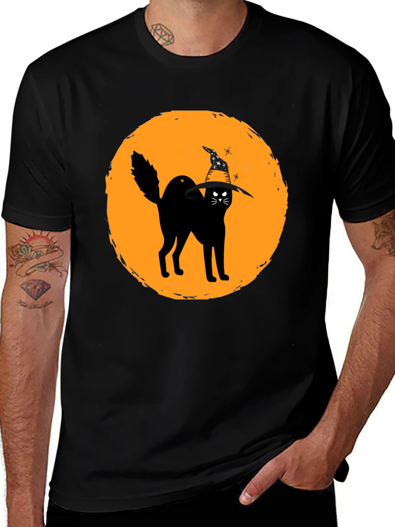 Halloween Cat Graphic Tee - Unisex Black T-Shirt