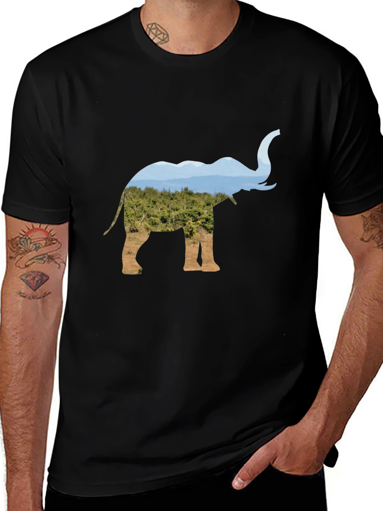 Variant 25 of Elephant Silhouette Nature Print Black T-Shirt
