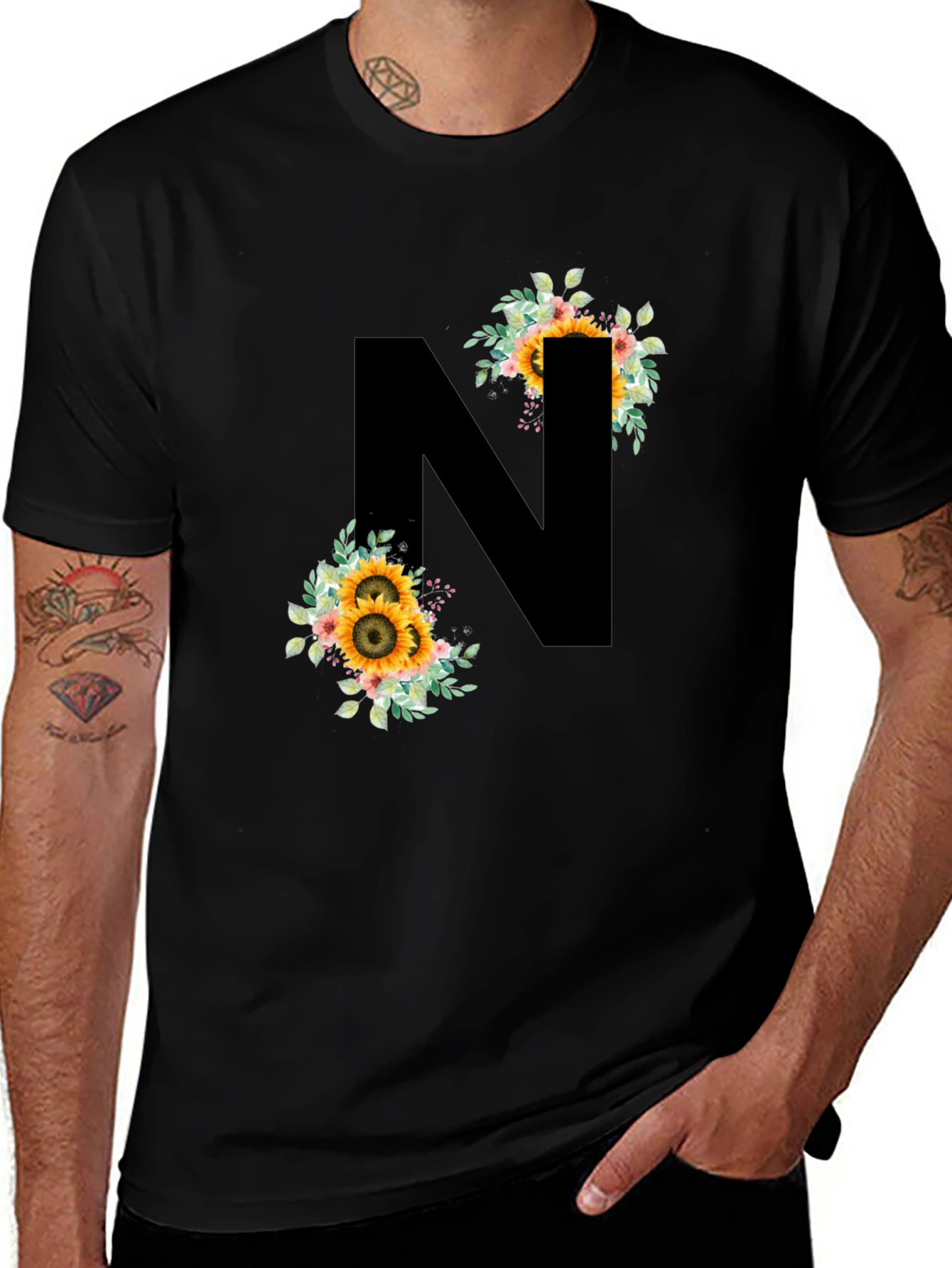 Variant 17 of Floral Letter N Black T-Shirt