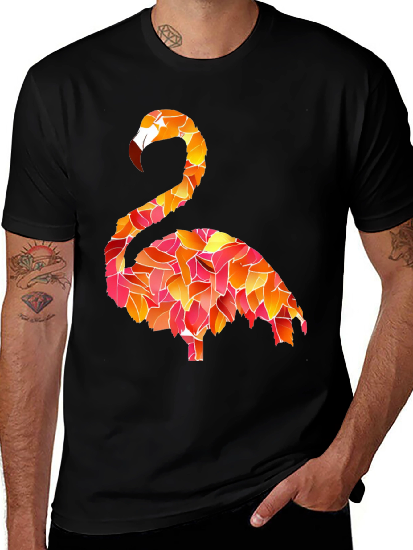 Variant 11 of Flamingo Leaf Pattern Black T-Shirt