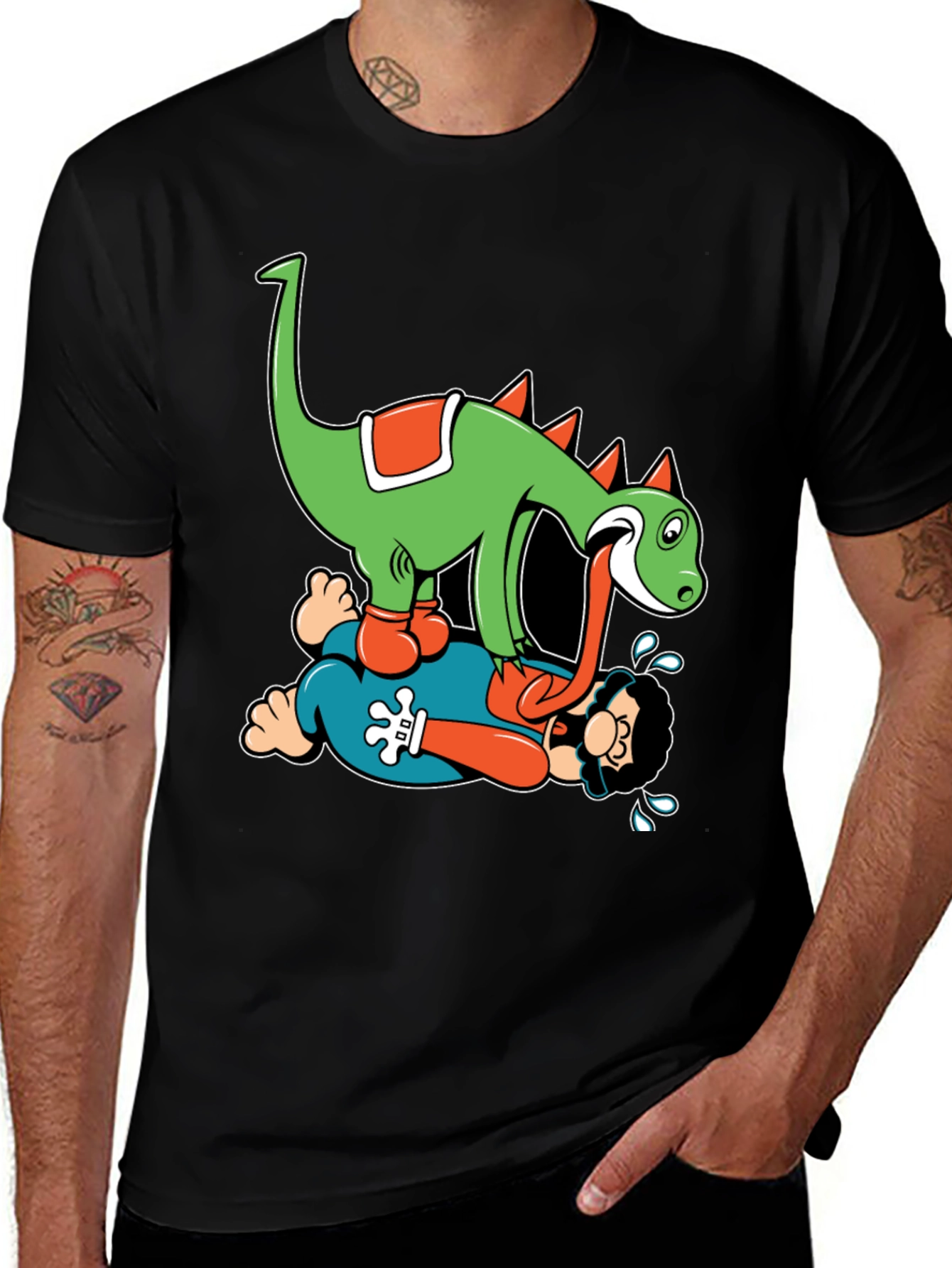 Variant 12 of Dinosaur VS Man Graphic Black T-Shirt