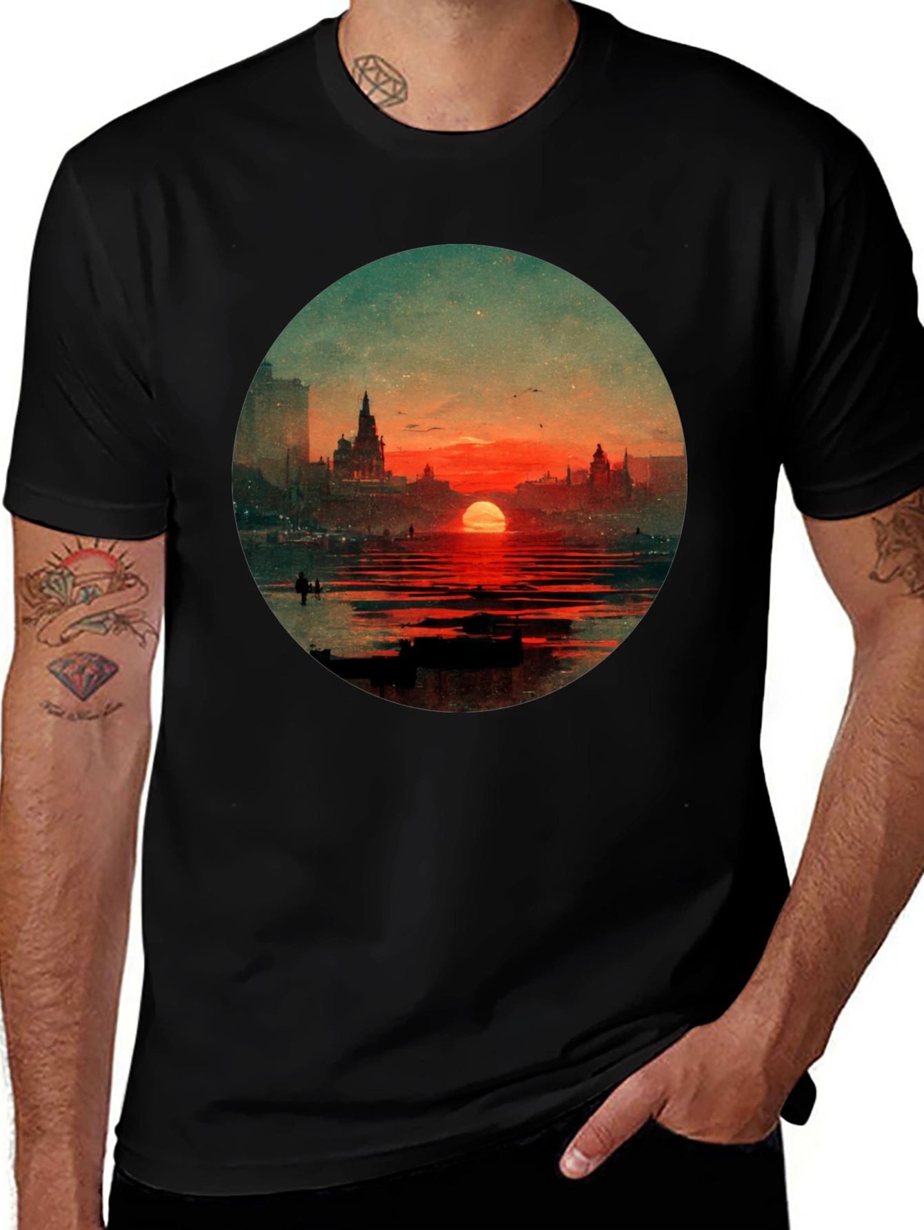 Variant 27 of Sunset Cityscape Graphic Tee - Black