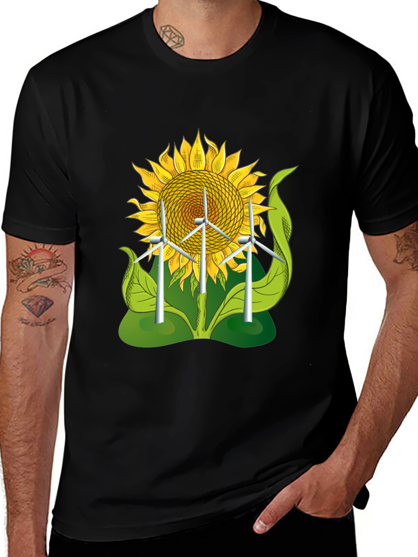 Variant 19 of Sunflower & Wind Turbine Graphic Tee - Eco-Friendly Design