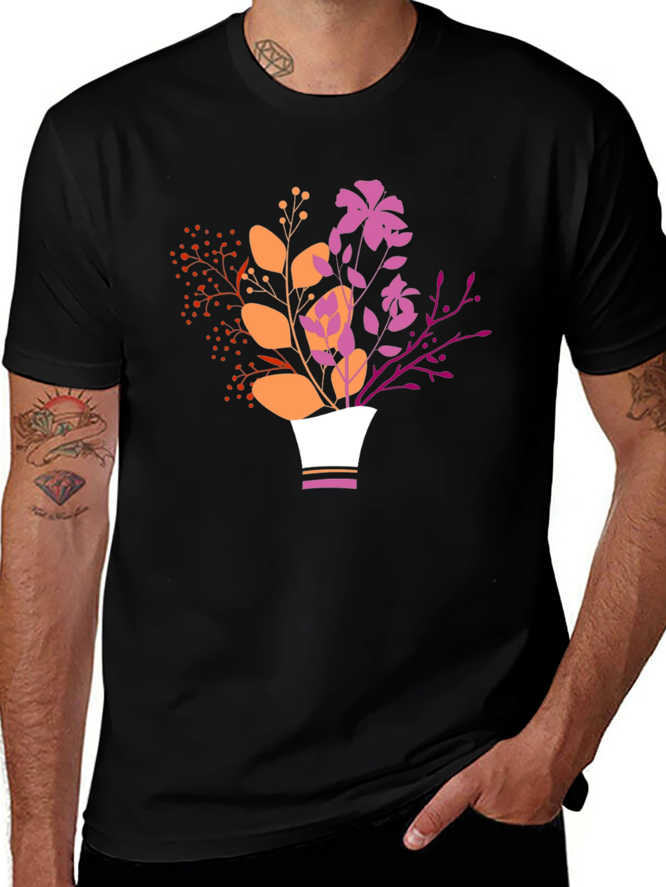Variant 6 of Floral Vase Graphic Tee - Black Cotton Casual Shirt