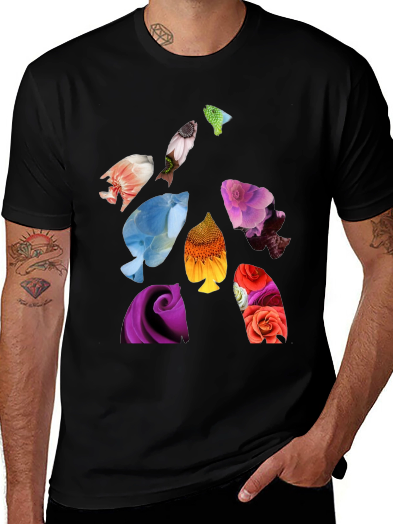 Variant 26 of Floral Fish Print Black T-Shirt