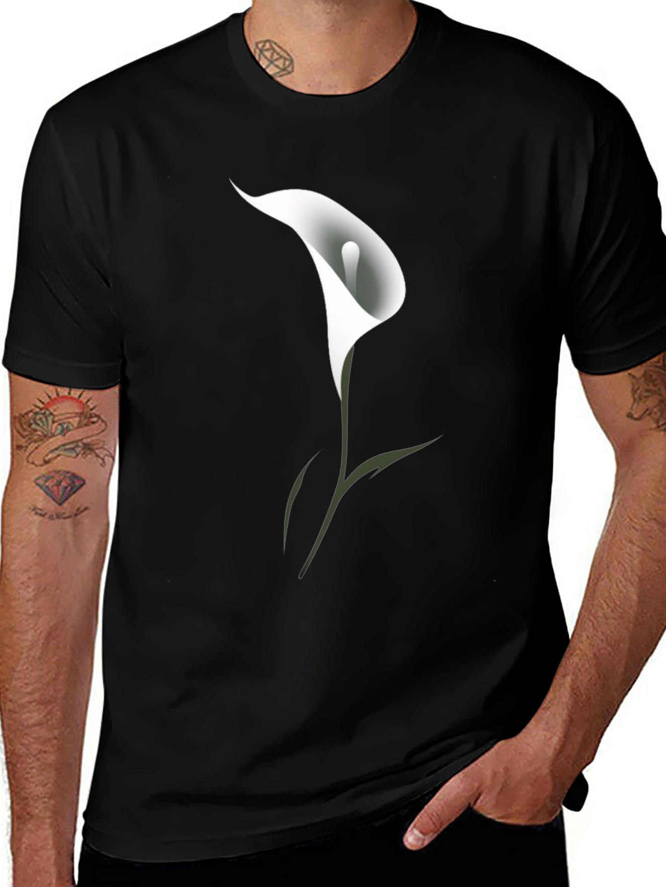 Variant 14 of Men's Black T-Shirt with White Calla Lily Flower Design