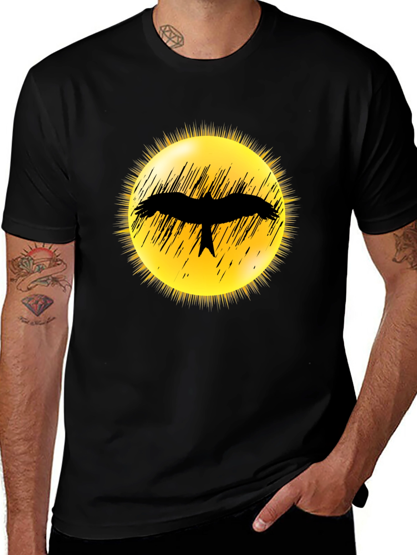 Variant 30 of Black T-Shirt with Bird Silhouette Sun Design