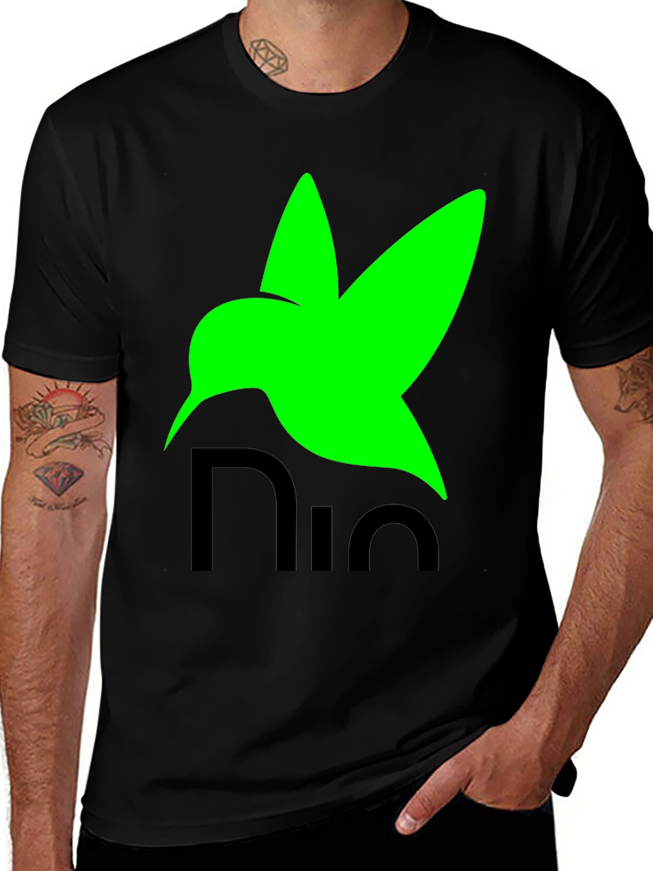 Variant 29 of Black T-Shirt with Green Bird Design