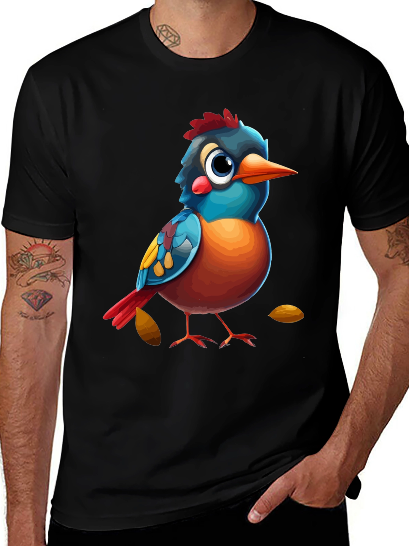 Variant 19 of Cartoon Bird Graphic Tee - Black Casual T-Shirt